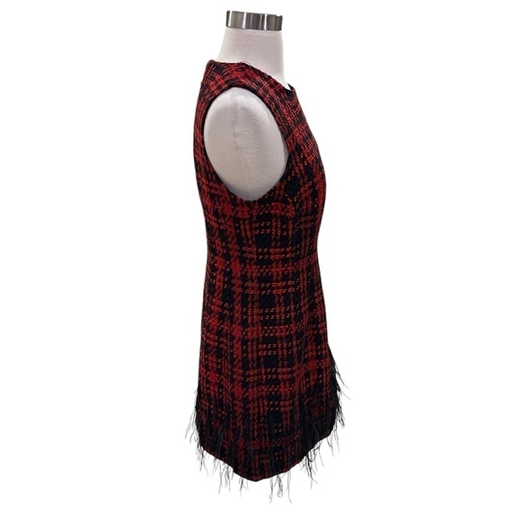 ANTONIO MELANI Irine Tweed Feather Sleeveless Sheath Dress Red Black Size 4 NEW - Picture 7 of 11